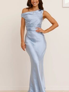 Billy J One-Shoulder Satin Midi Dress in Light Blue